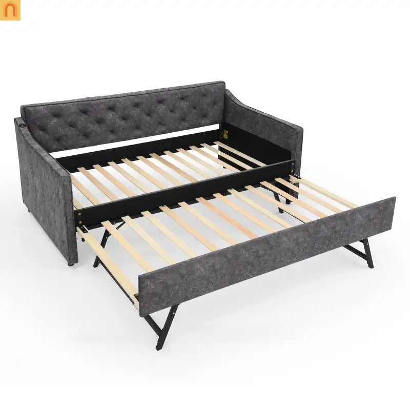 Bed Frame Daybed Twin Velvet Gray Pop-Up Trundle USB 300 lb
