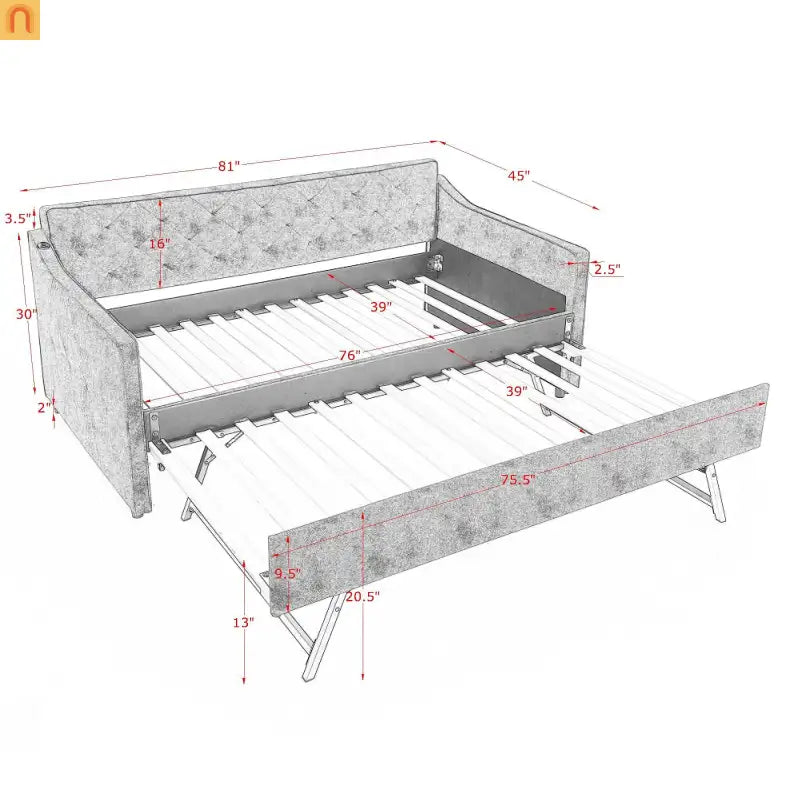 Bed Frame Daybed Twin Velvet Gray Pop-Up Trundle USB 300 lb