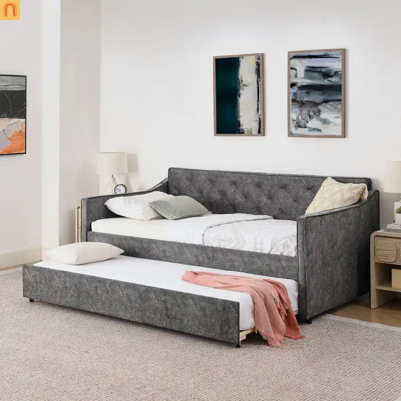 Bed Frame Daybed Twin Velvet Gray Pop-Up Trundle USB 300 lb