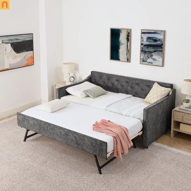 Bed Frame Daybed Twin Velvet Gray Pop-Up Trundle USB 300 lb