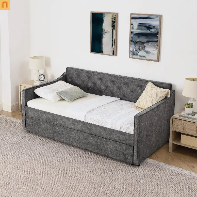 Bed Frame Daybed Twin Velvet Gray Pop-Up Trundle USB 300 lb