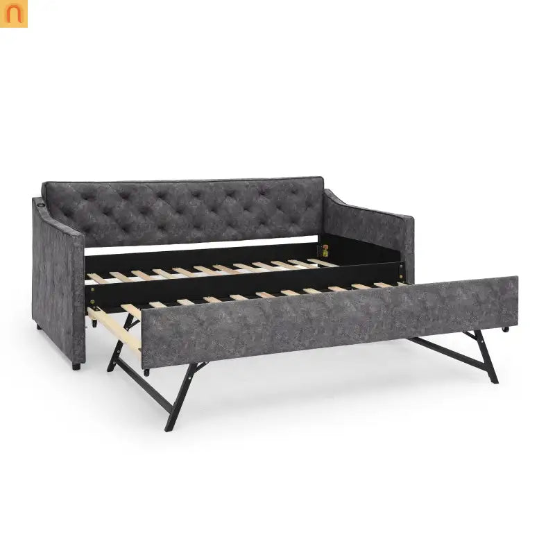 Bed Frame Daybed Twin Velvet Gray Pop-Up Trundle USB 300 lb