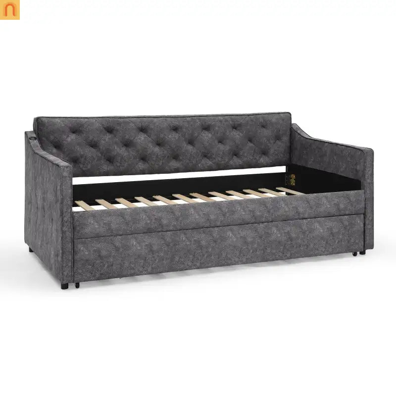 Bed Frame Daybed Twin Velvet Gray Pop-Up Trundle USB 300 lb