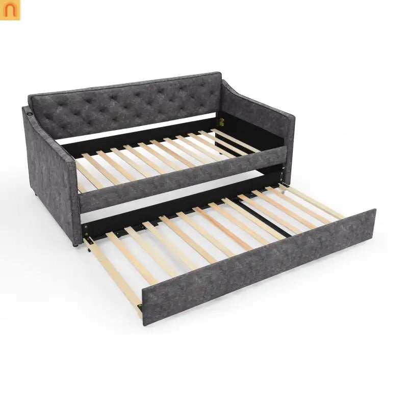Bed Frame Daybed Twin Velvet Gray Pop-Up Trundle USB 300 lb
