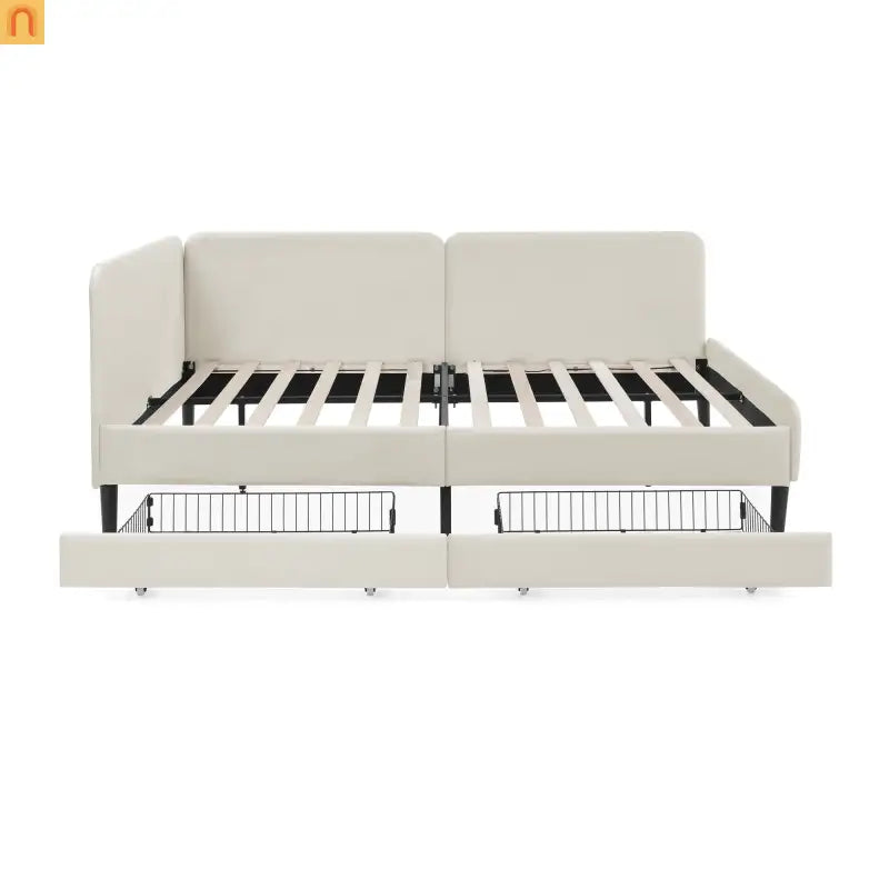 Bed Frame Platform Velvet Beige Full Storage Drawers 300 lb