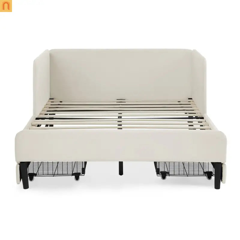 Bed Frame Platform Velvet Beige Full Storage Drawers 300 lb