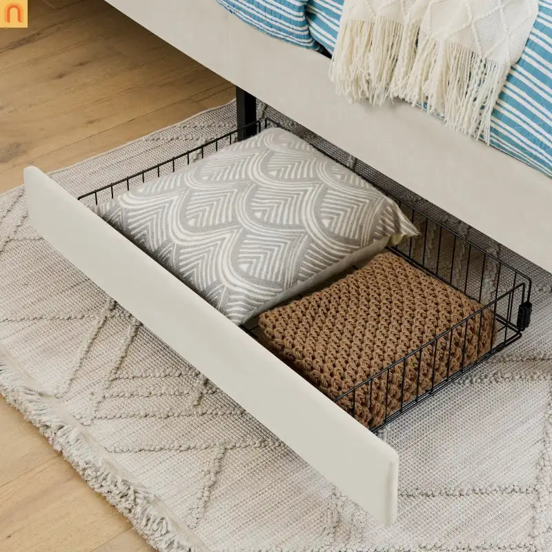 Bed Frame Platform Velvet Beige Full Storage Drawers 300 lb