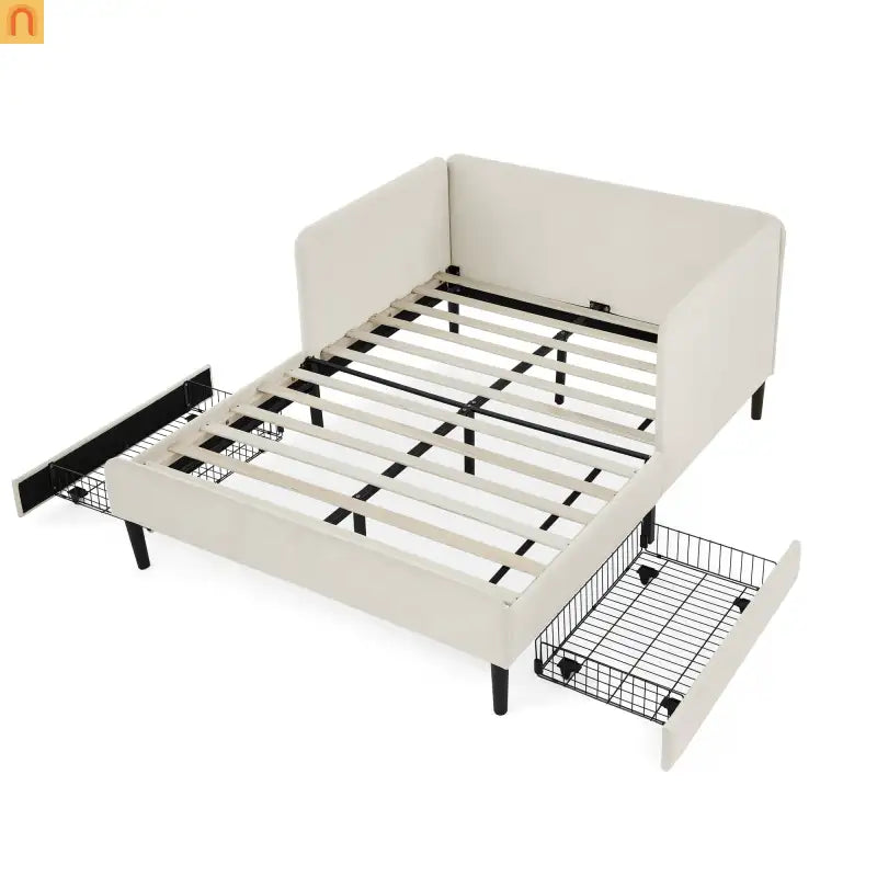 Bed Frame Platform Velvet Beige Full Storage Drawers 300 lb