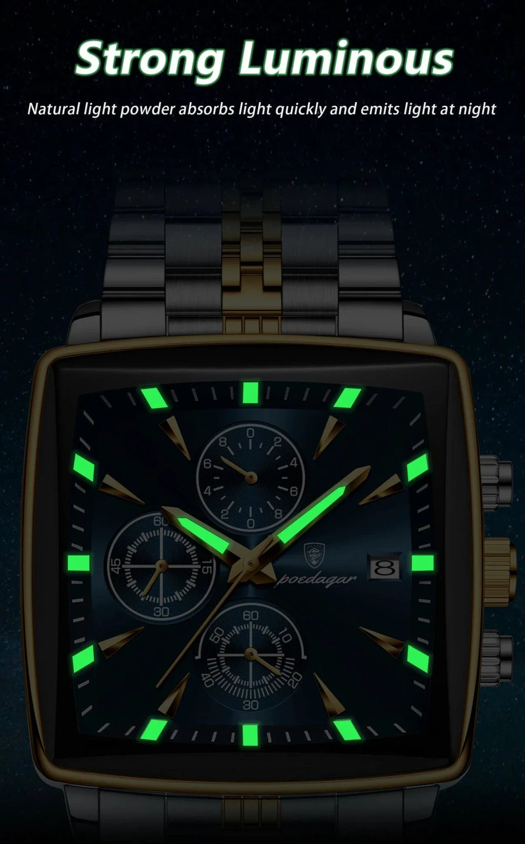 POEDAGAR Men's Square Chronograph Watch - Luminous Waterproof Stainless Steel Quartz Wristwatch