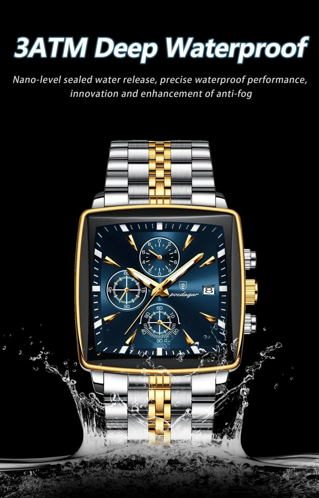 POEDAGAR Men's Square Chronograph Watch - Luminous Waterproof Stainless Steel Quartz Wristwatch