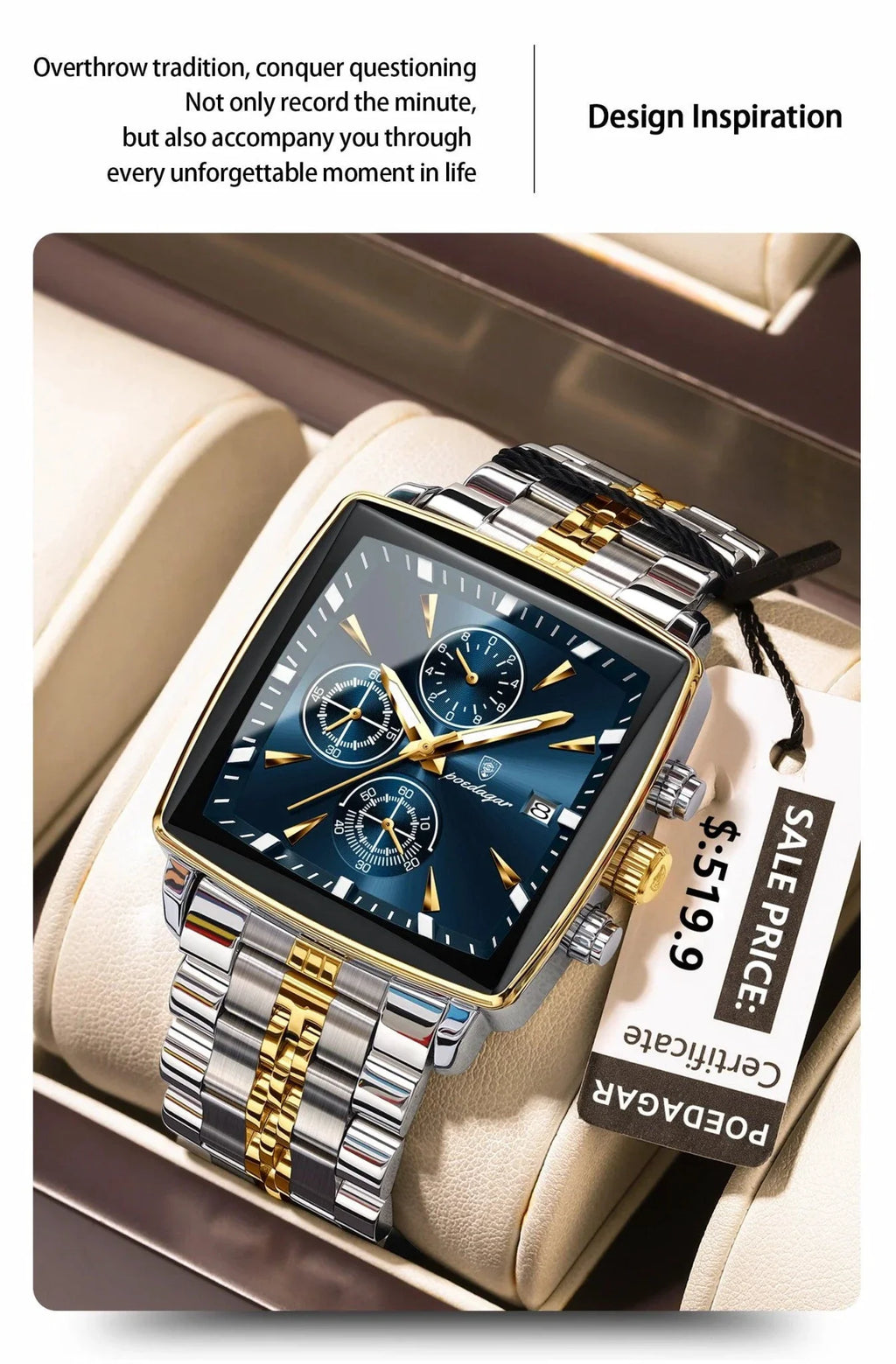 POEDAGAR Men's Square Chronograph Watch - Luminous Waterproof Stainless Steel Quartz Wristwatch