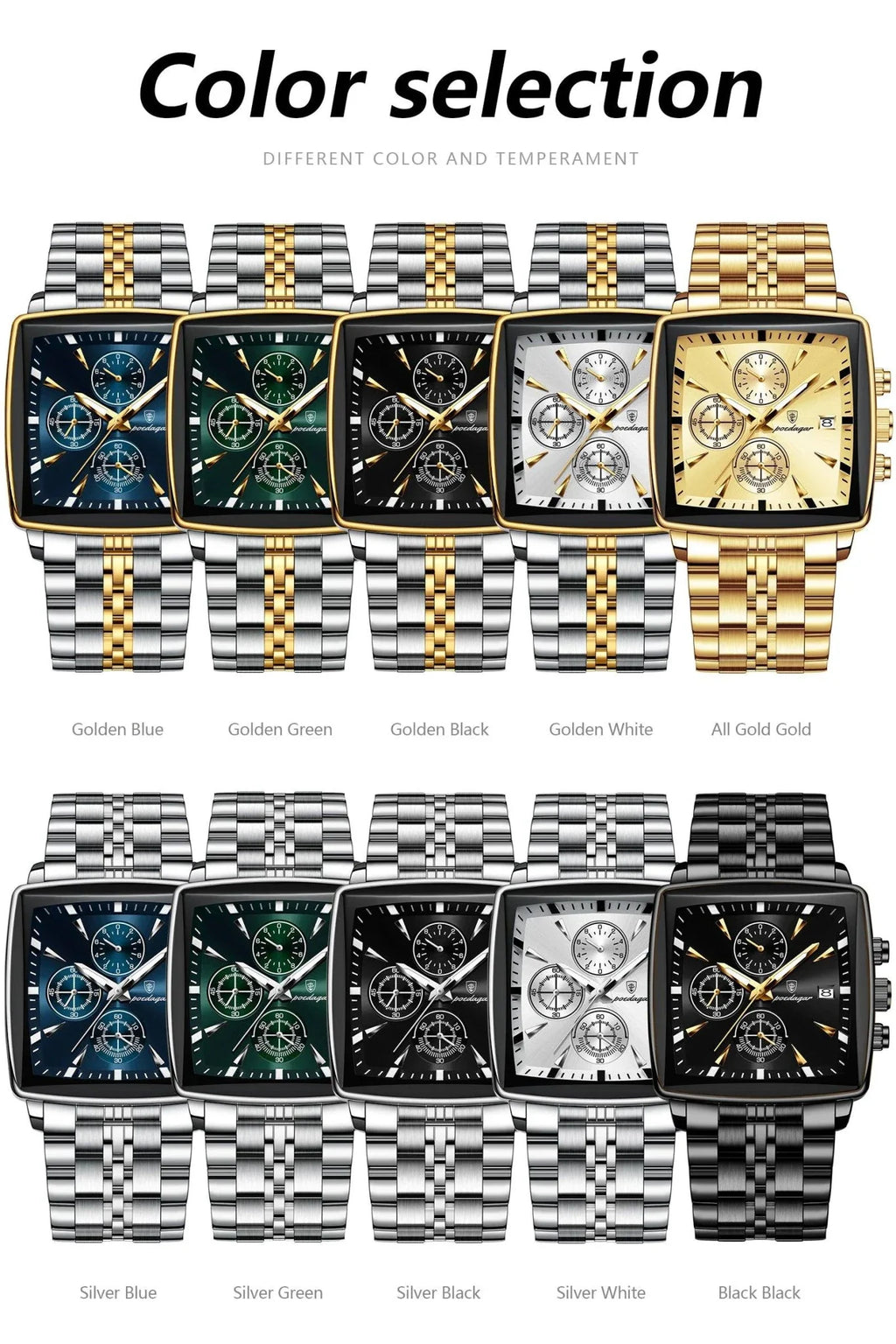 POEDAGAR Men's Square Chronograph Watch - Luminous Waterproof Stainless Steel Quartz Wristwatch