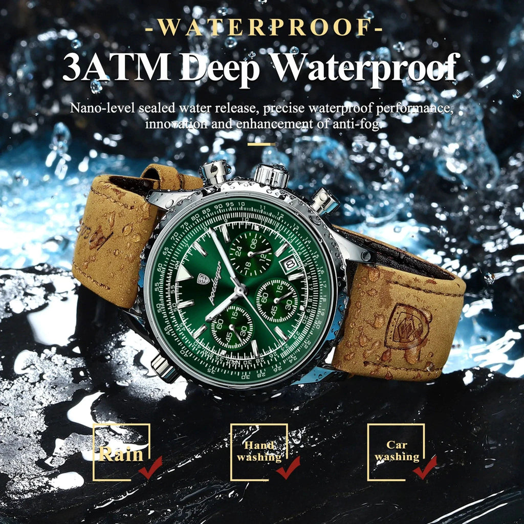 POEDAGAR Men's Luxury Quartz Chronograph Watch - Waterproof, Luminous, Leather - Military Sports Style