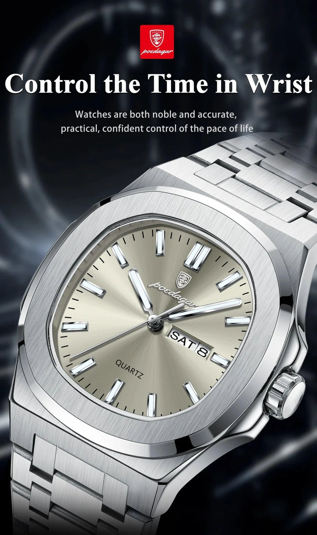 POEDAGAR Military Square Watch for Men - Waterproof, Luminous, Date & Week Display, Stainless Steel Quartz