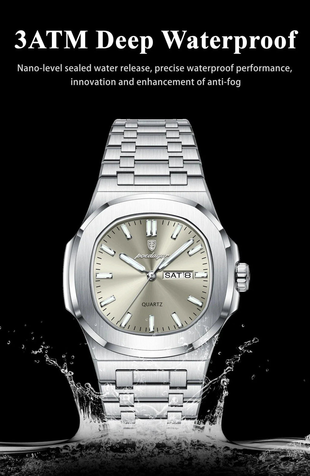 POEDAGAR Military Square Watch for Men - Waterproof, Luminous, Date & Week Display, Stainless Steel Quartz