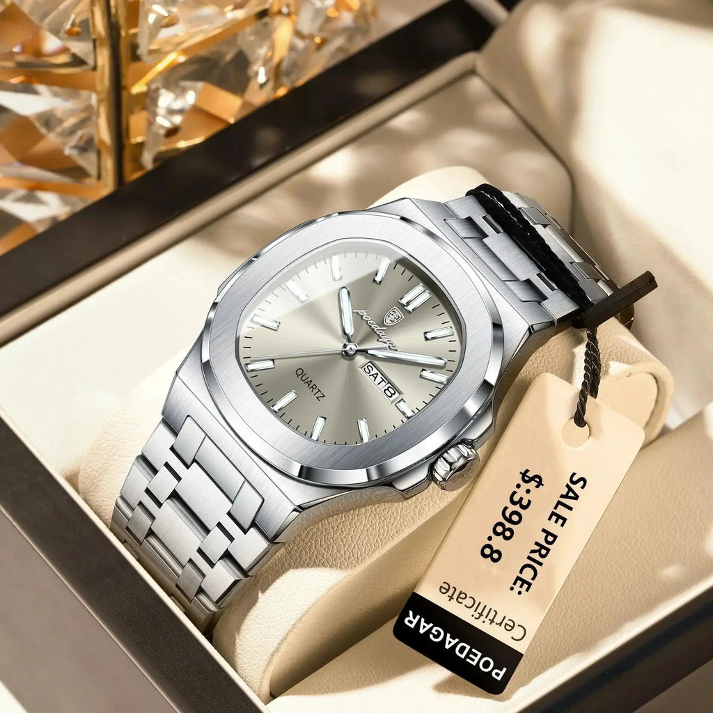 POEDAGAR Military Square Watch for Men - Waterproof, Luminous, Date & Week Display, Stainless Steel Quartz