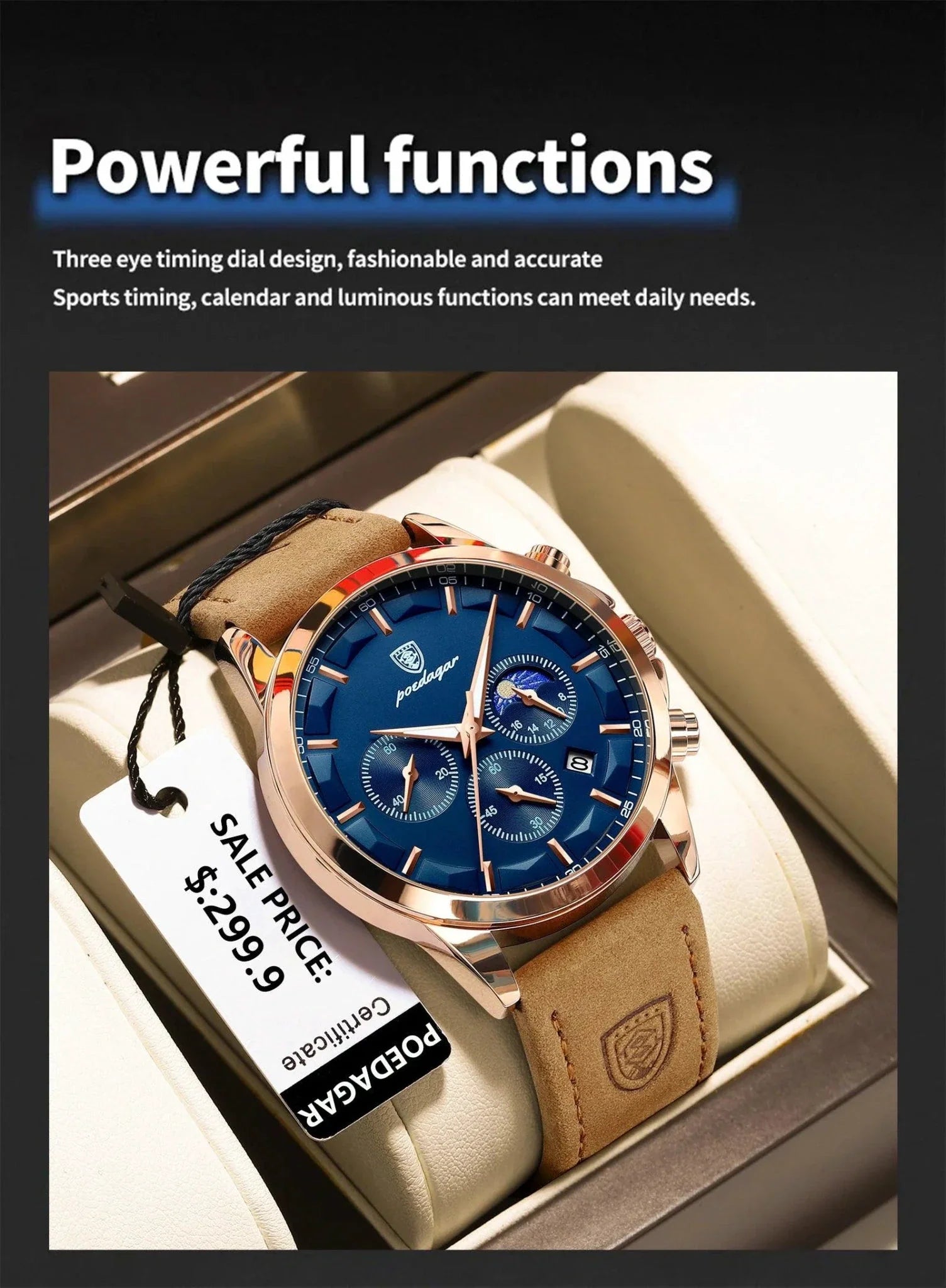 POEDAGAR Luxury Men's Chronograph Watch - Waterproof, Luminous, Leather Strap
