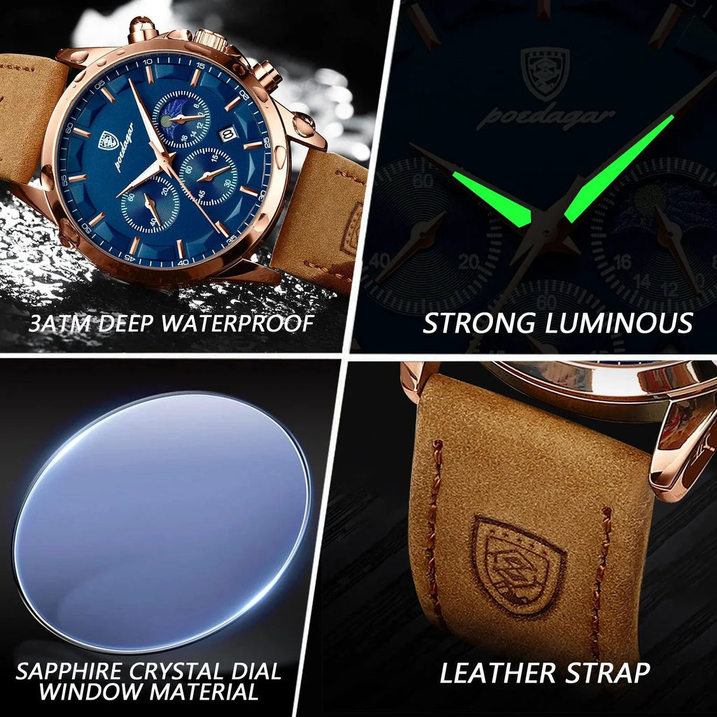 POEDAGAR Luxury Men's Chronograph Watch - Waterproof, Luminous, Leather Strap