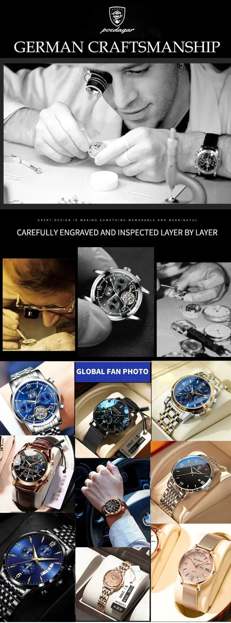 POEDAGAR Luxury Men's Chronograph Watch - Waterproof, Luminous, Leather Strap