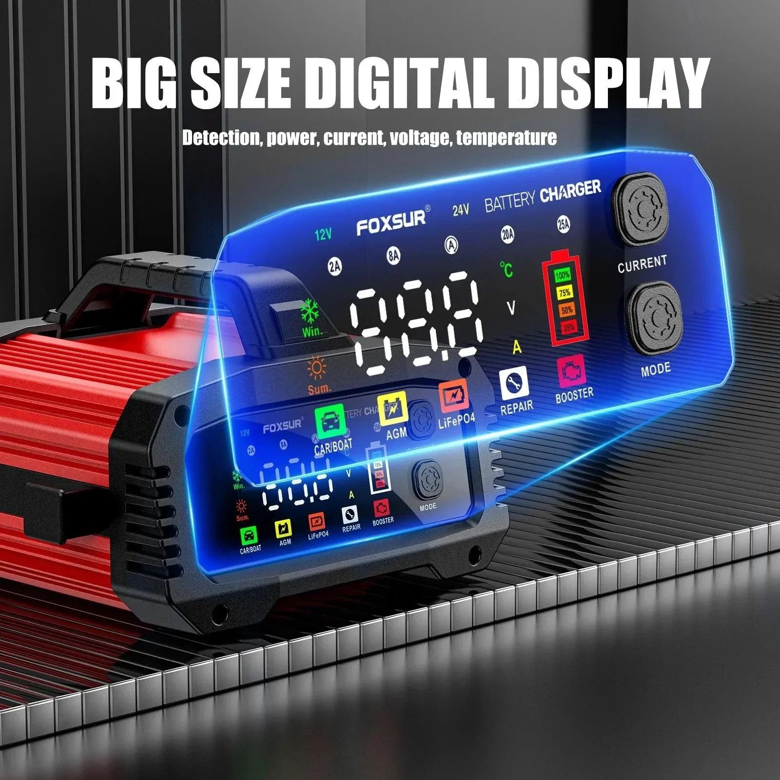 Brand Name Portable Smart Car Battery Charger - 25A/15A for 12V-24V Batteries, Pulse Repair, AGM, GEL, LiFePo4