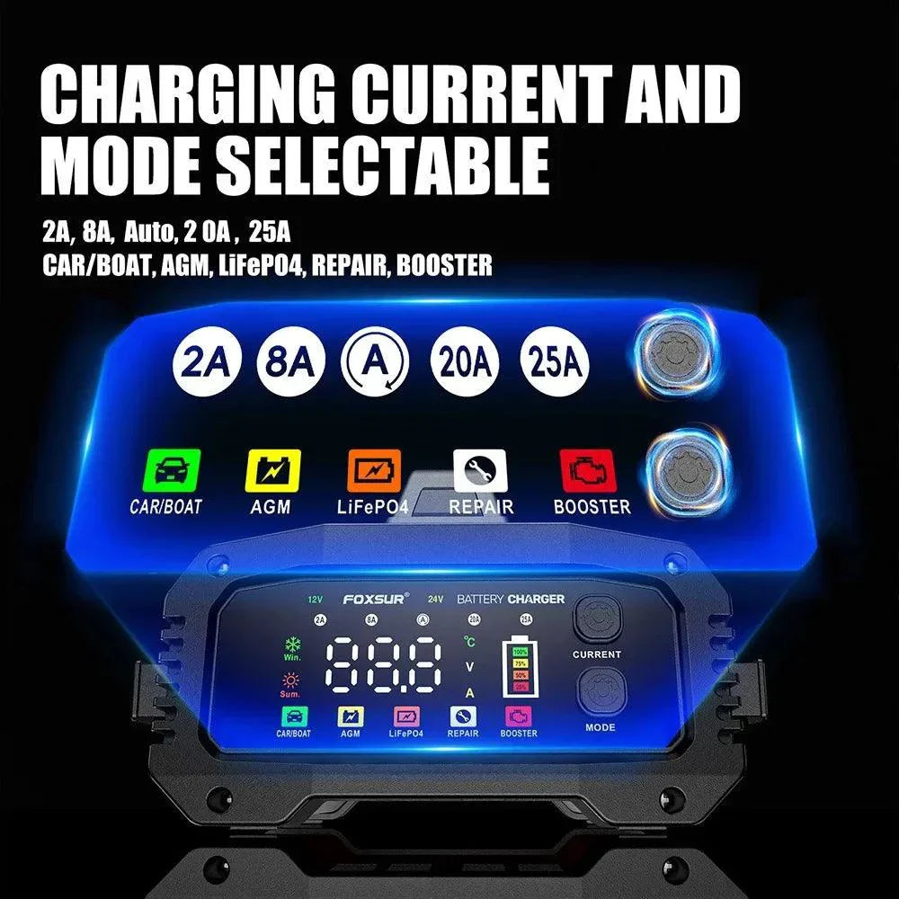 Brand Name Portable Smart Car Battery Charger - 25A/15A for 12V-24V Batteries, Pulse Repair, AGM, GEL, LiFePo4