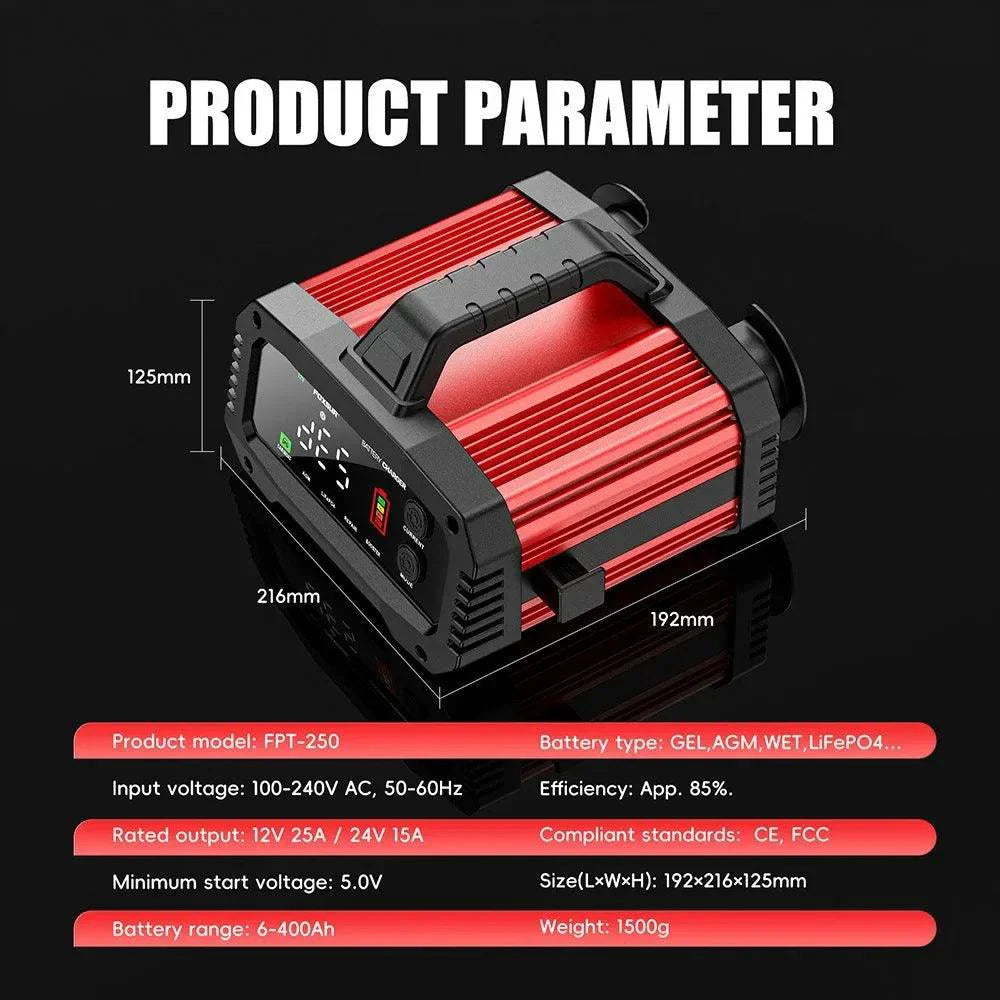 Brand Name Portable Smart Car Battery Charger - 25A/15A for 12V-24V Batteries, Pulse Repair, AGM, GEL, LiFePo4