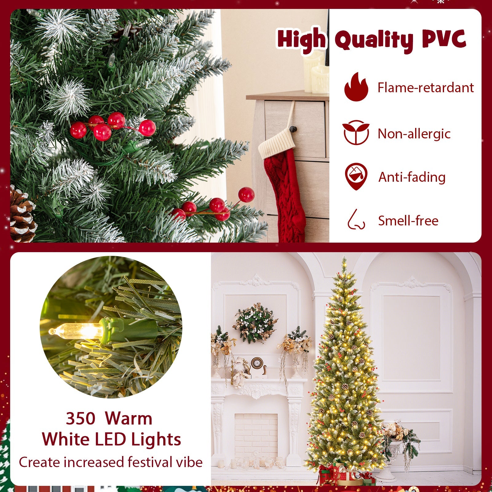 Pre-lit Artificial Pencil Christmas Tree with Pine Cones and Red Berries