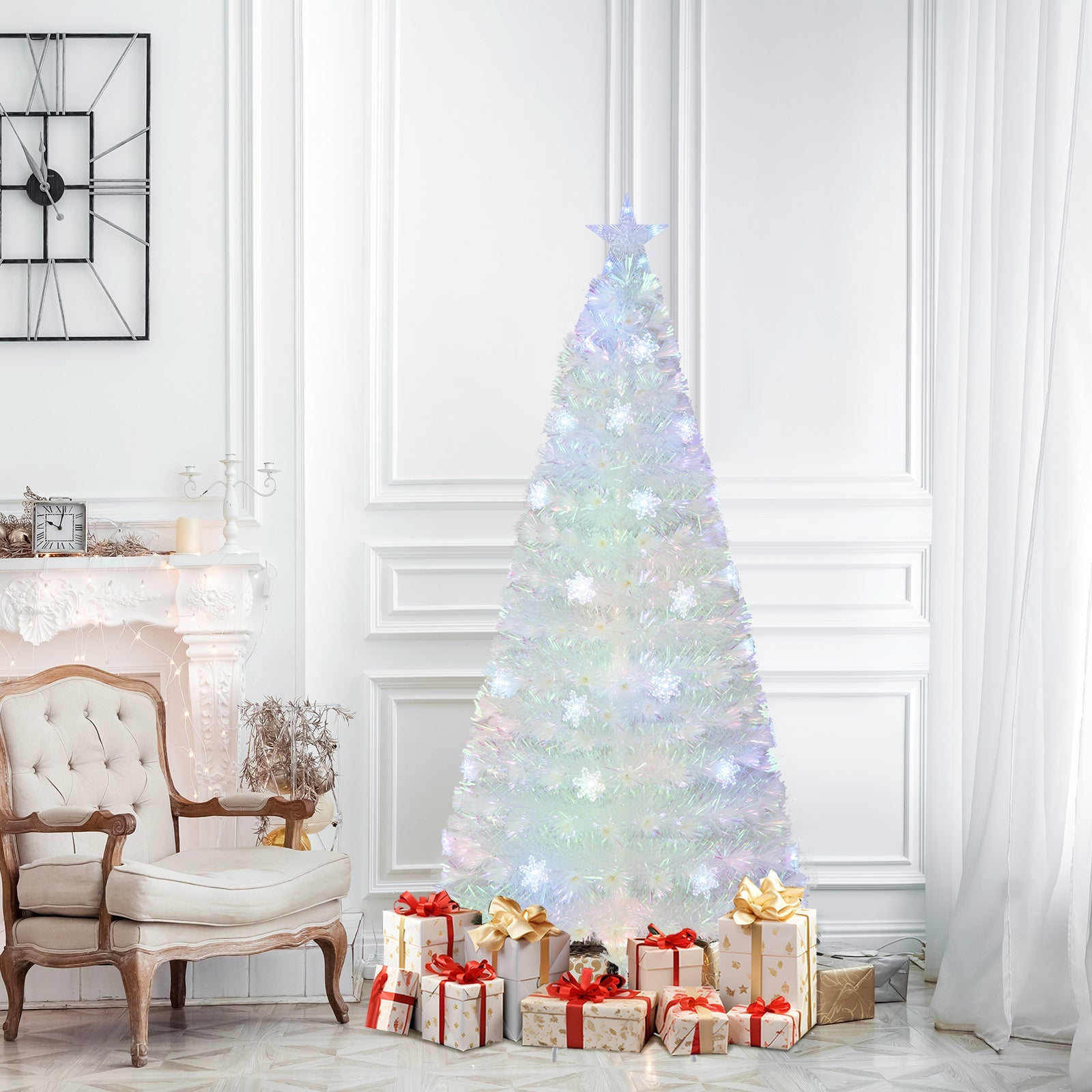 5/6/7 Feet Pre-Lit White Artificial Christmas Tree with Iridescent Leaves