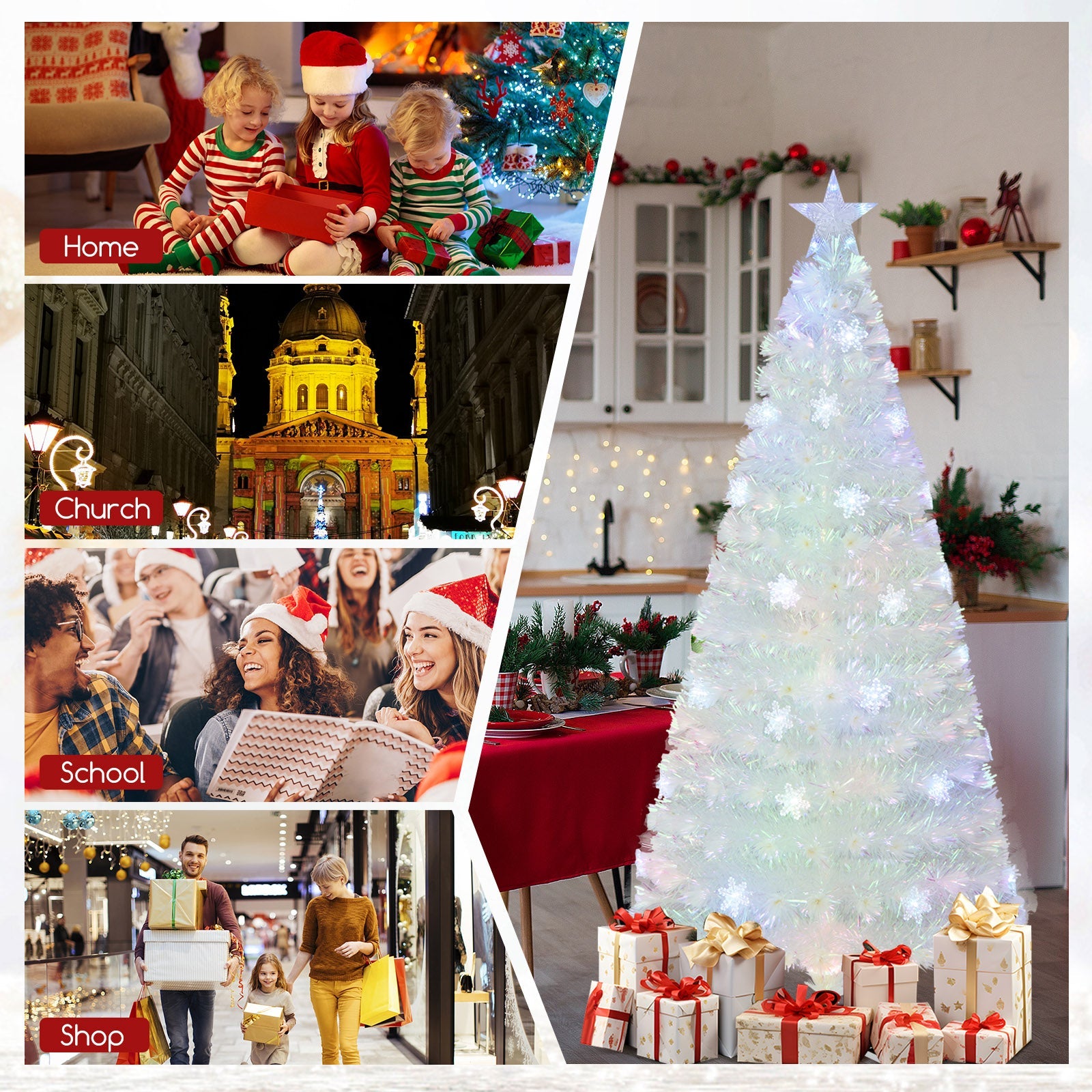 5/6/7 Feet Pre-Lit White Artificial Christmas Tree with Iridescent Leaves
