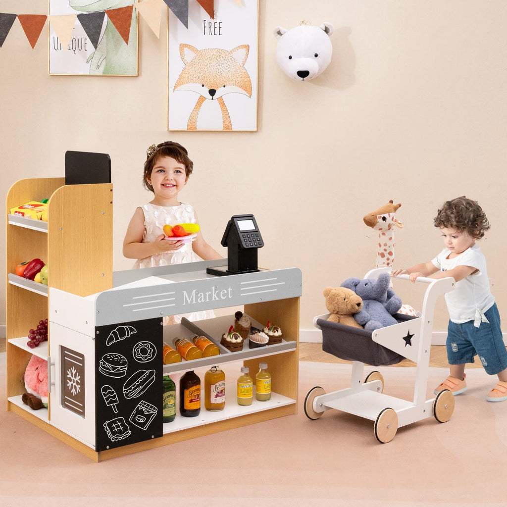 Pretend Play Grocery Store Set with Shopping Cart and 2 Chalkboards-White