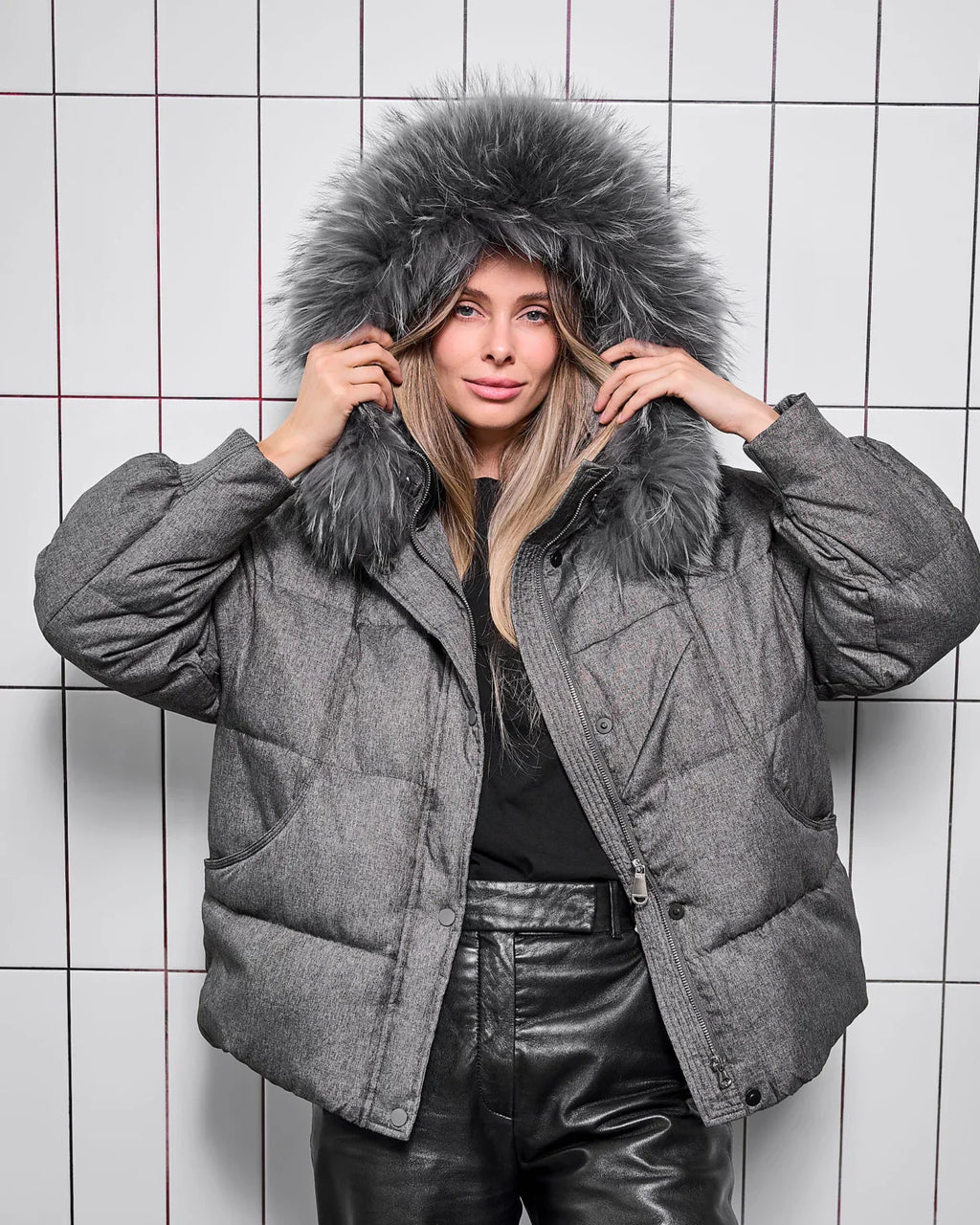 Remi Genuine Fur Trim Down Fill Jacket in Dark Grey