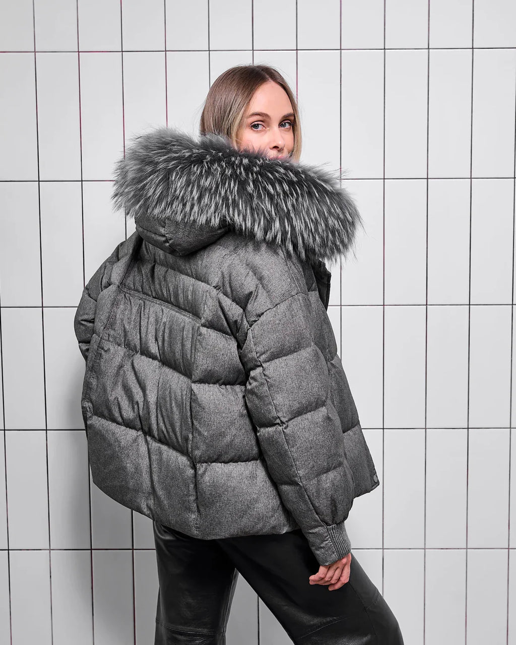 Remi Genuine Fur Trim Down Fill Jacket in Dark Grey
