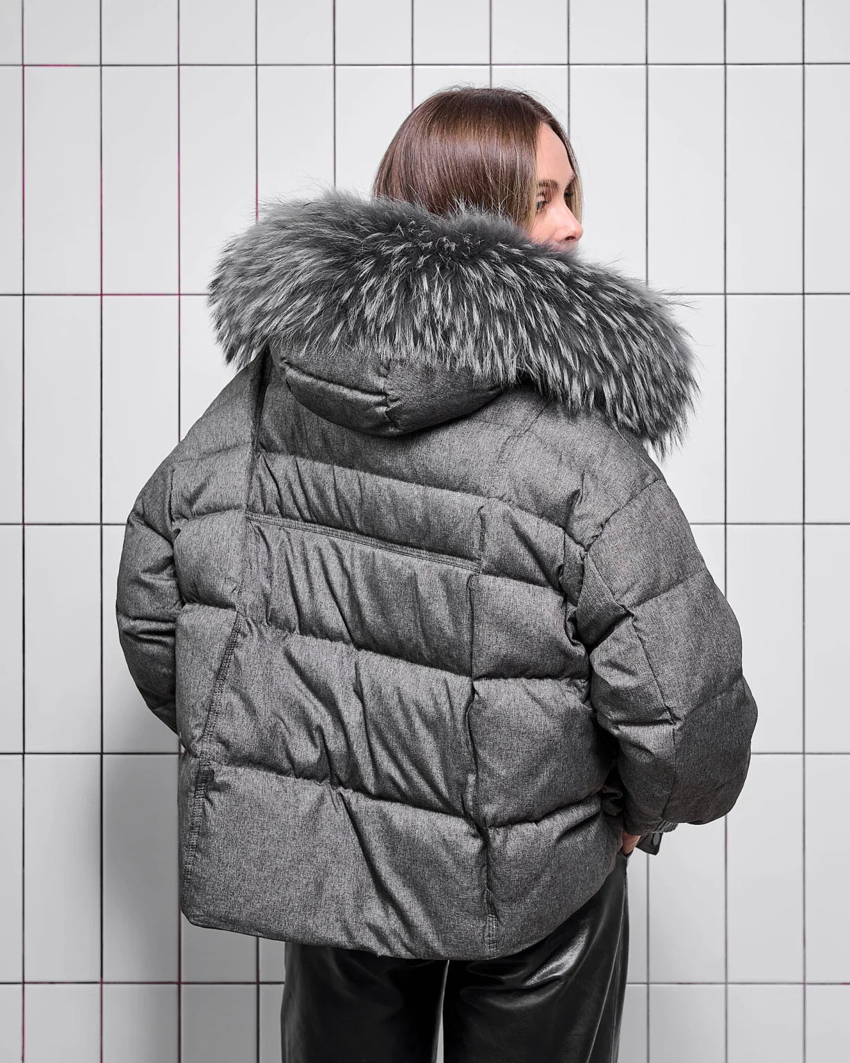 Remi Genuine Fur Trim Down Fill Jacket in Dark Grey