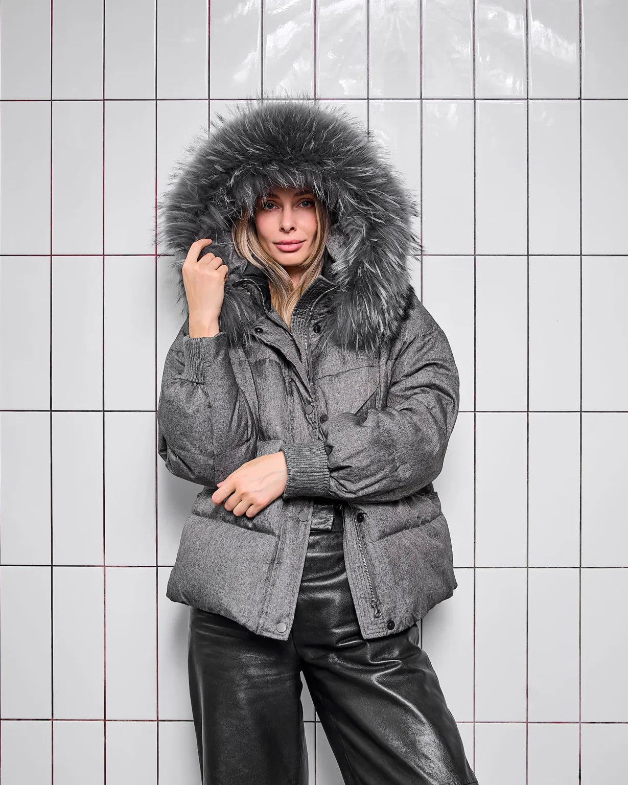 Remi Genuine Fur Trim Down Fill Jacket in Dark Grey