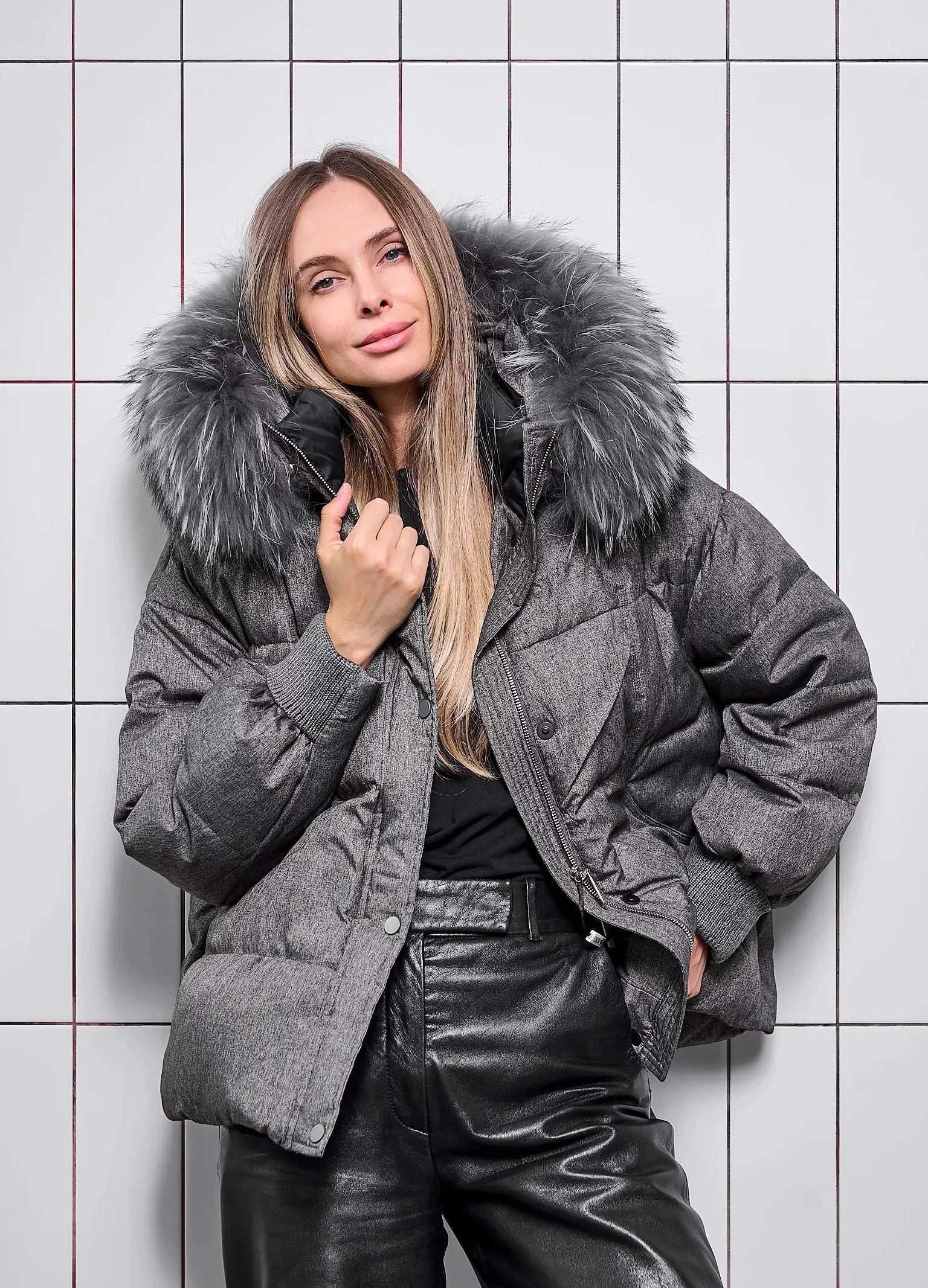 Remi Genuine Fur Trim Down Fill Jacket in Dark Grey