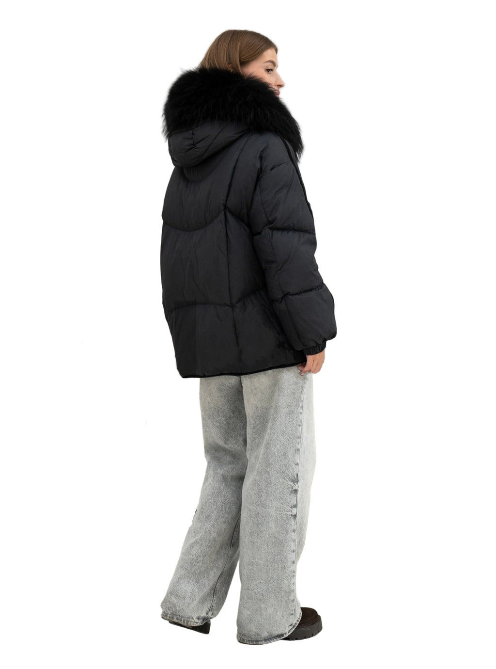 Ember Genuine Fur Trim Down Fill Jacket in Black