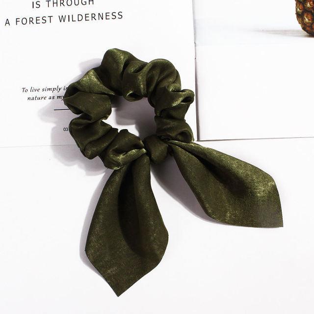 Pure Color Elastic Hair Band Rabbit Ear Bow Pearl Hair Rope Satin Ponytail Scrunchie Bobbles Elastic Hair Ties Ropes Ponytail Holder Accessories for Women And Girls