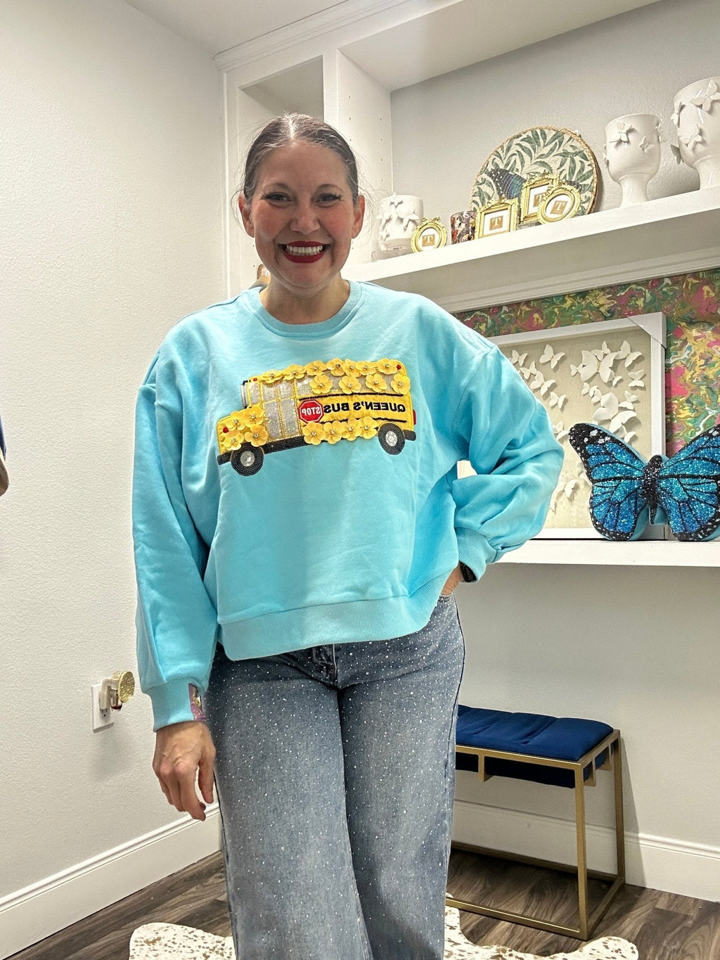 QOS Aqua Flower School Bus Sweatshirt