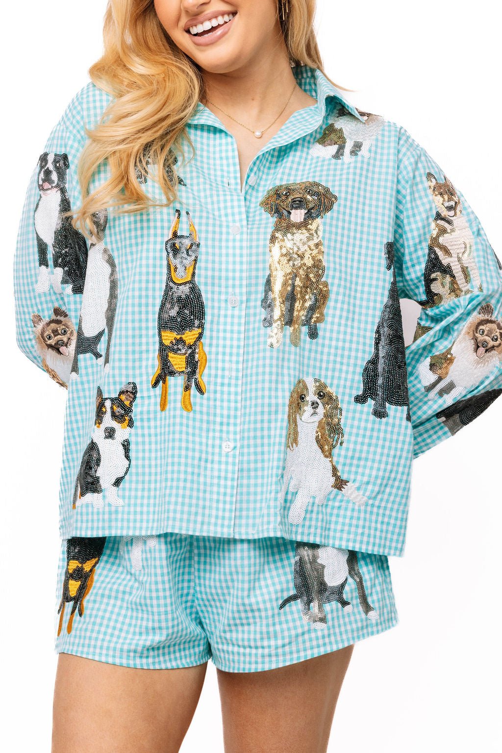 QOS Aqua Gingham Queen of Dogs Button Up Long Sleeve