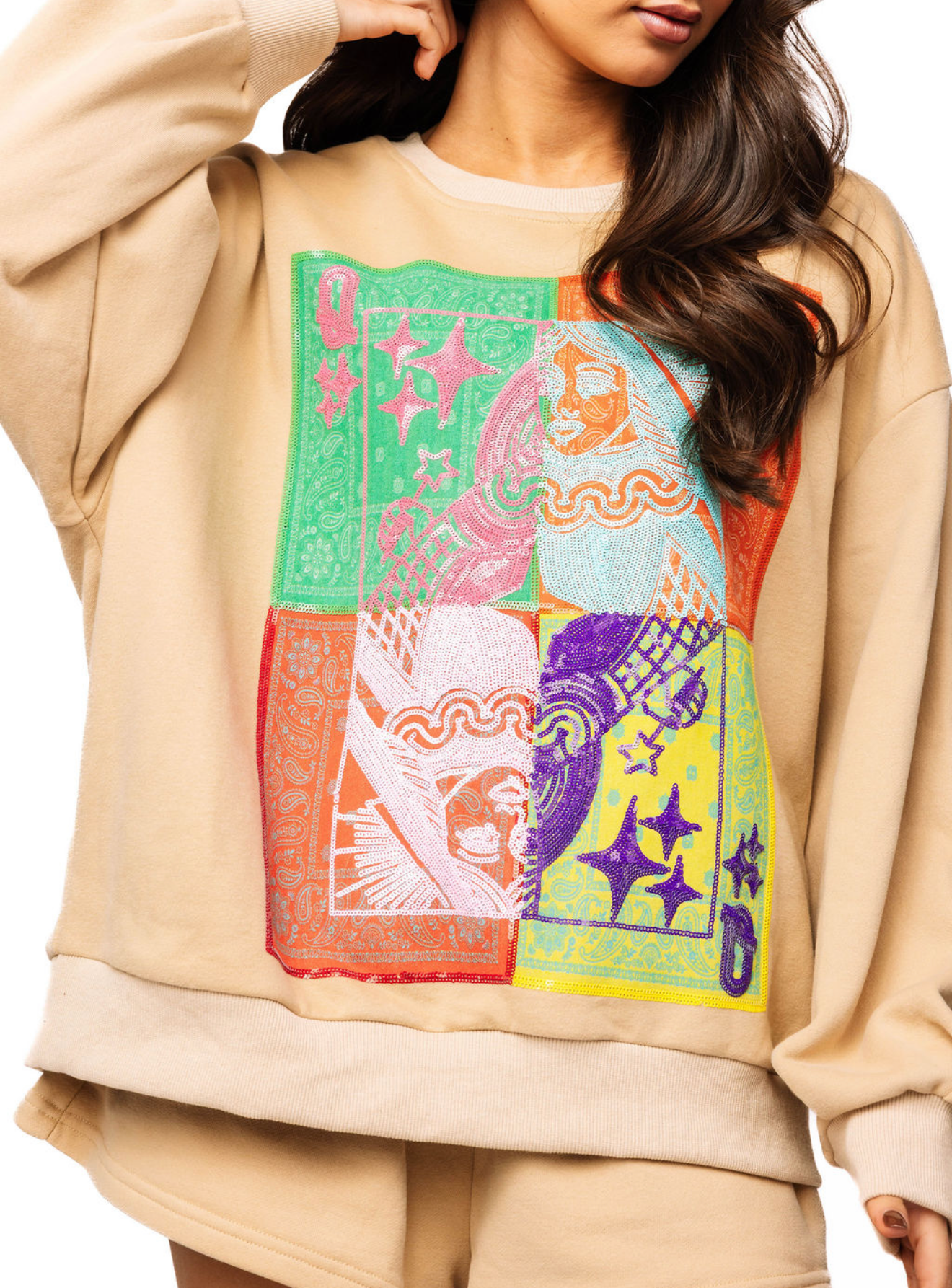 QOS Beige Colorblock Bandana QOS Card Logo Sweatshirt
