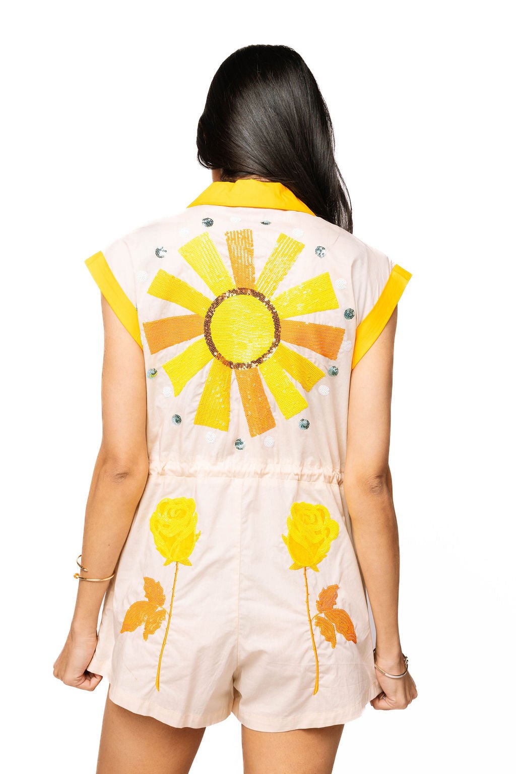 QOS Beige, Yellow & Blue Fringe Western Icon Romper