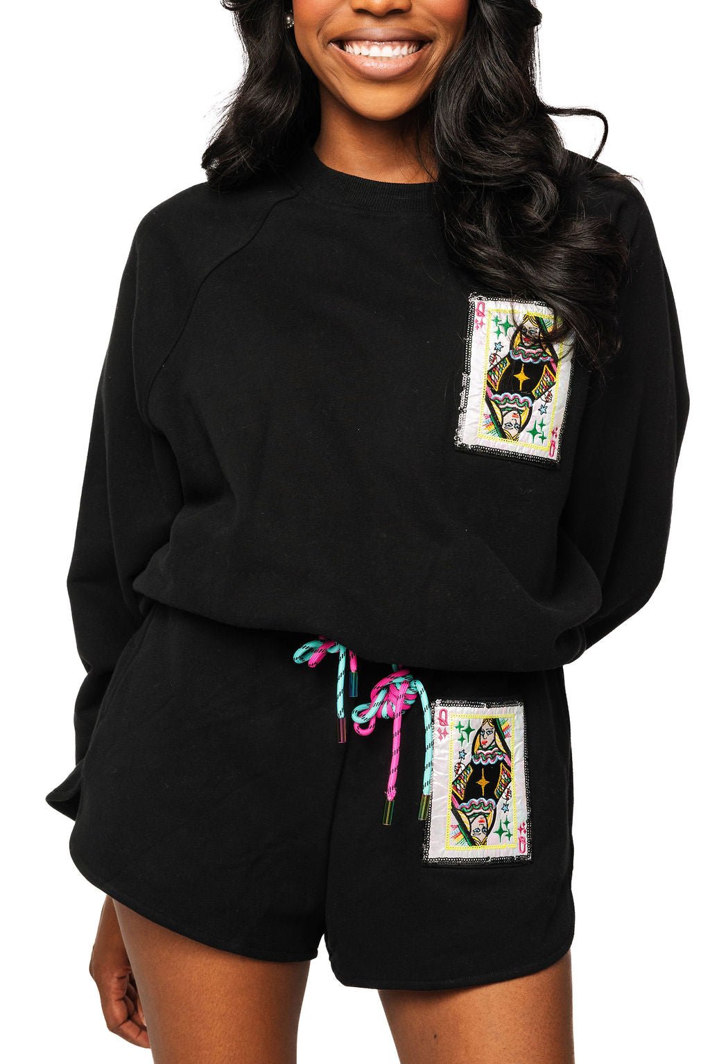QOS Black QOS Queen Card Rhinestone Tie Short