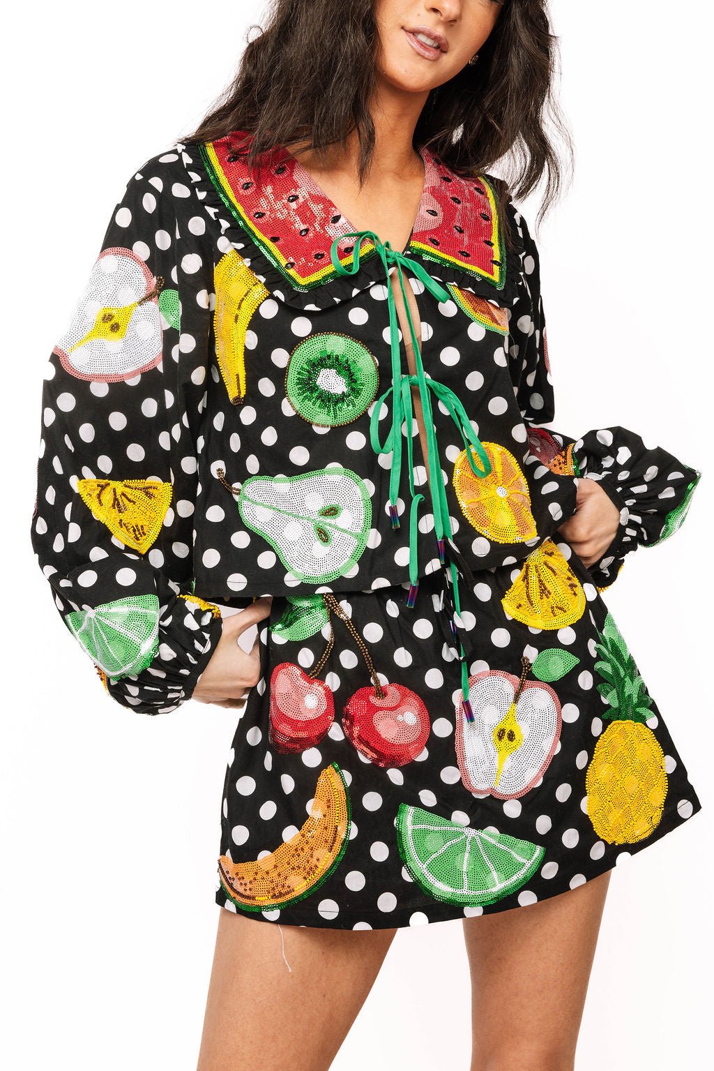 QOS  Black & White Polka Dot Tie Up Fruit Cotton Top
