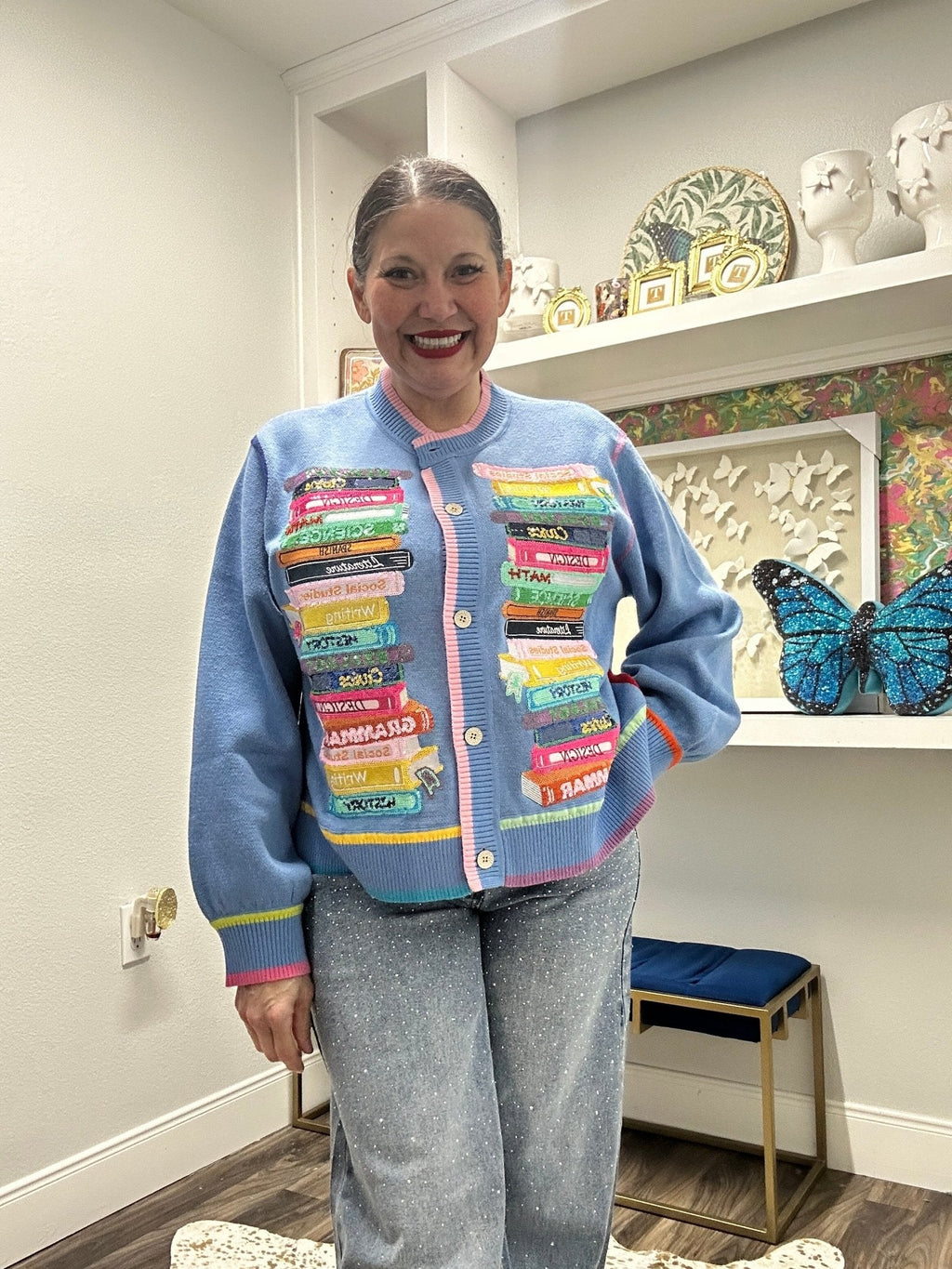 QOS Blue Rainbow Trim School Books Cardigan