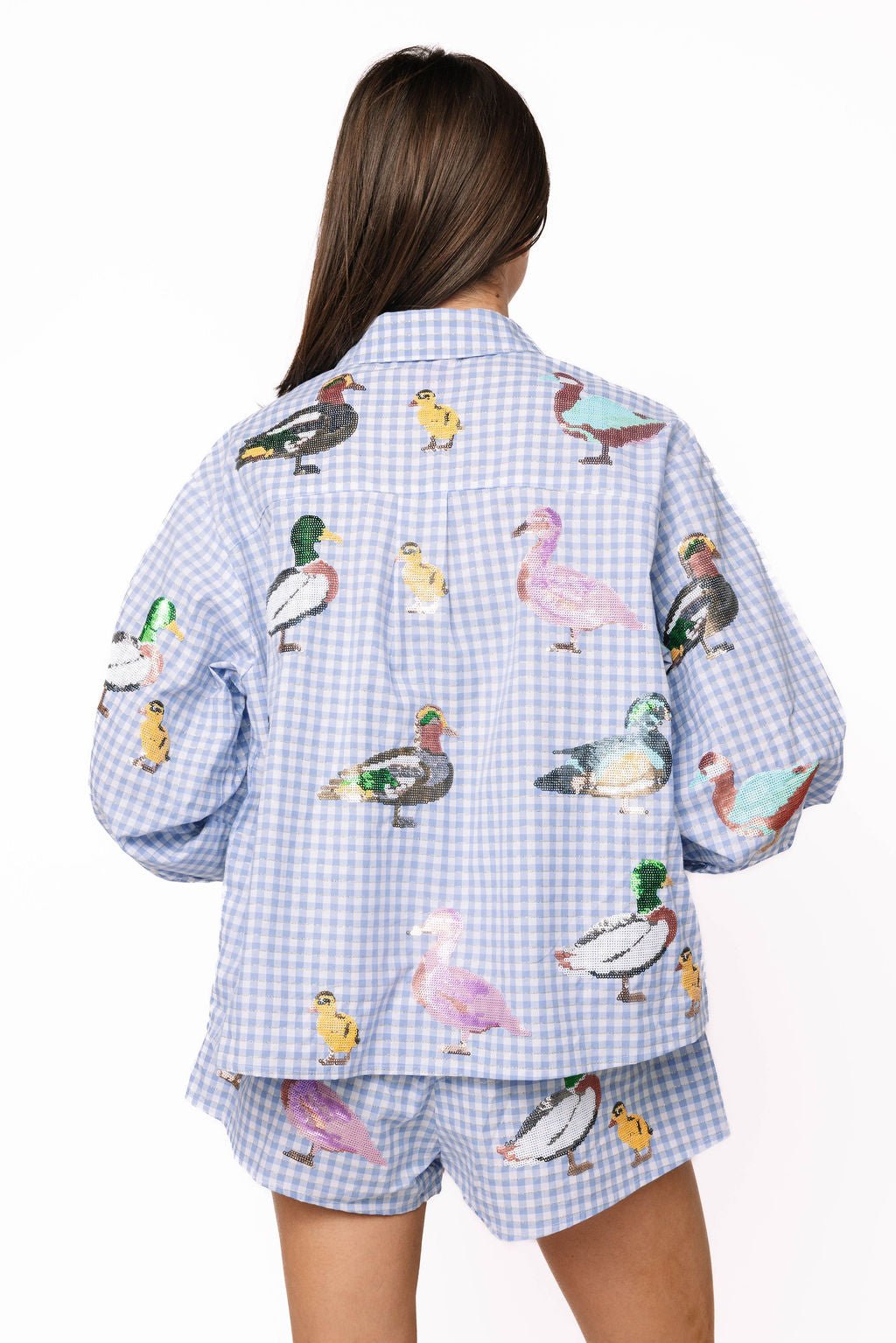 QOS Blue & White Gingham Scattered Duck Button Up Collar Top