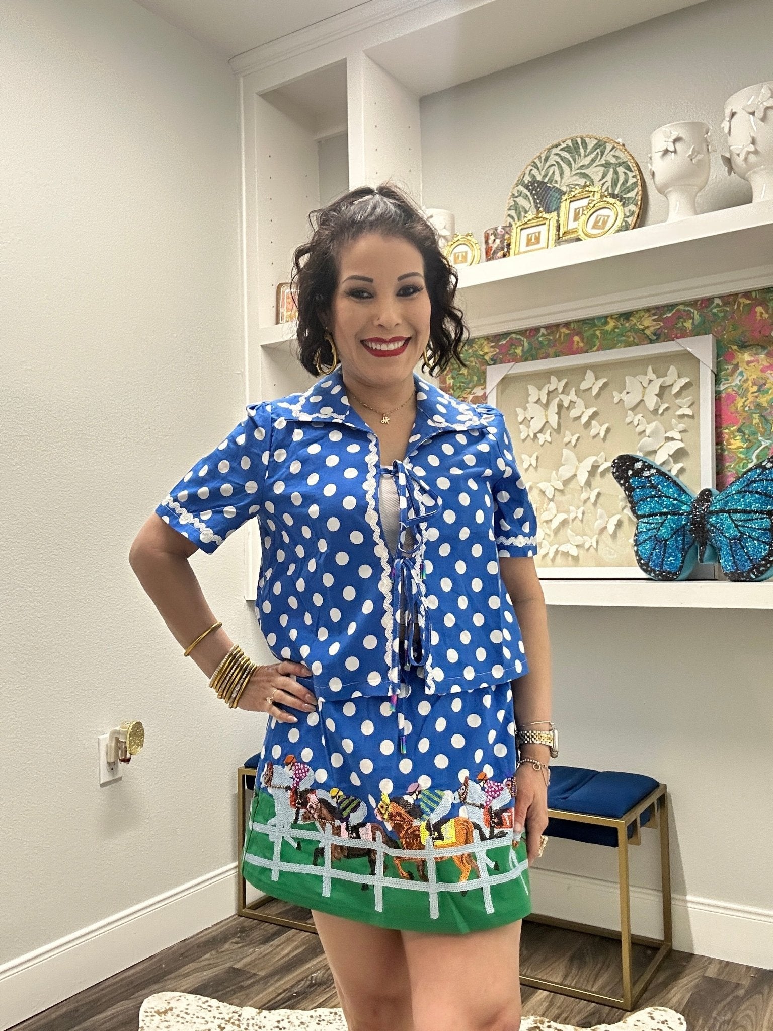 QOS Blue & White Rickrack Polka Dot Tie Up Cotton Top