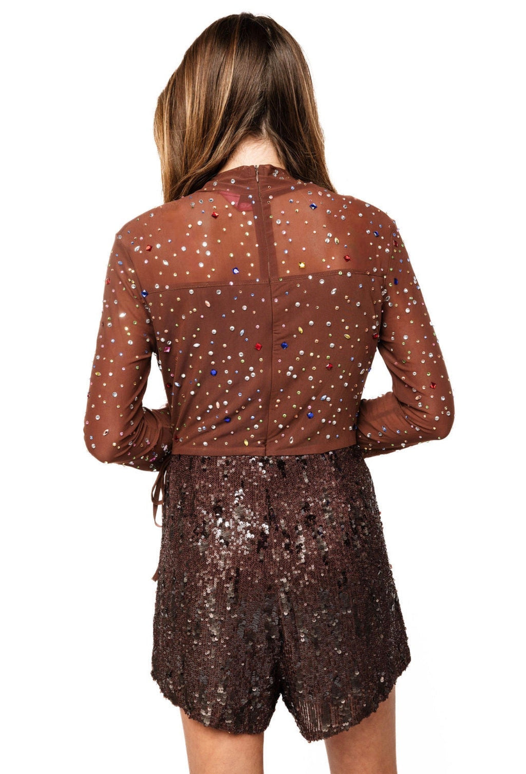 QOS - Brown Feather Sleeve Multi Rhinestone Sequin Short Romper