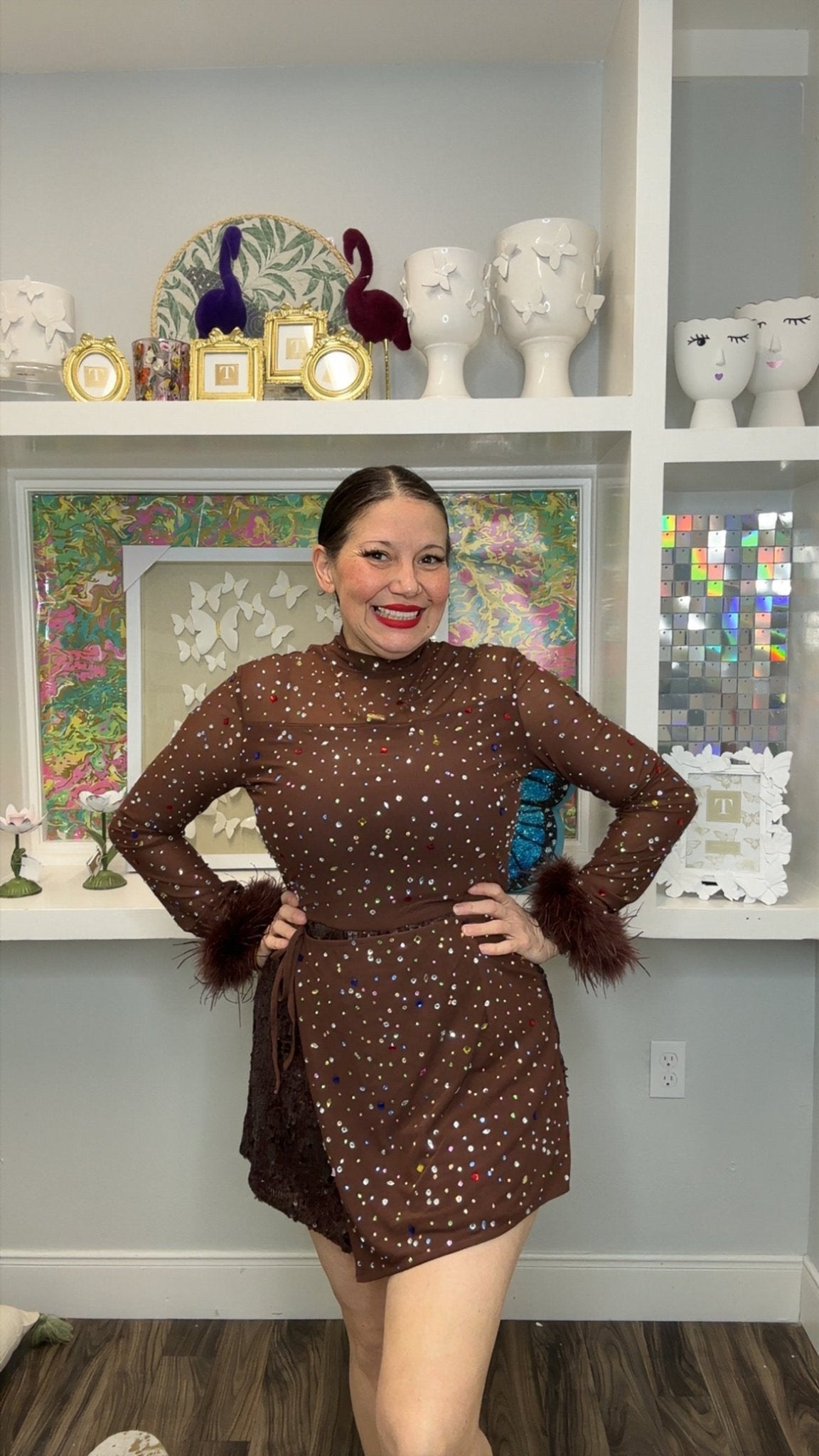 QOS - Brown Feather Sleeve Multi Rhinestone Sequin Short Romper