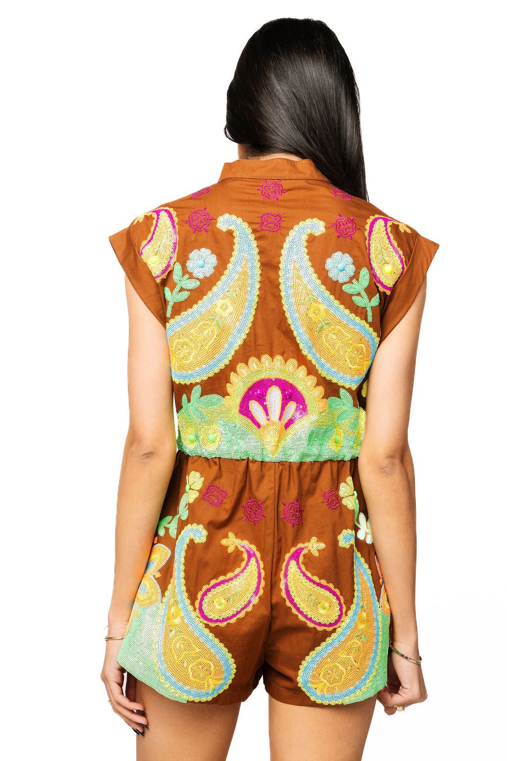 QOS Brown & Neon Paisley ZIp Up Romper