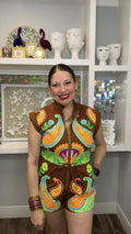 QOS Brown & Neon Paisley ZIp Up Romper